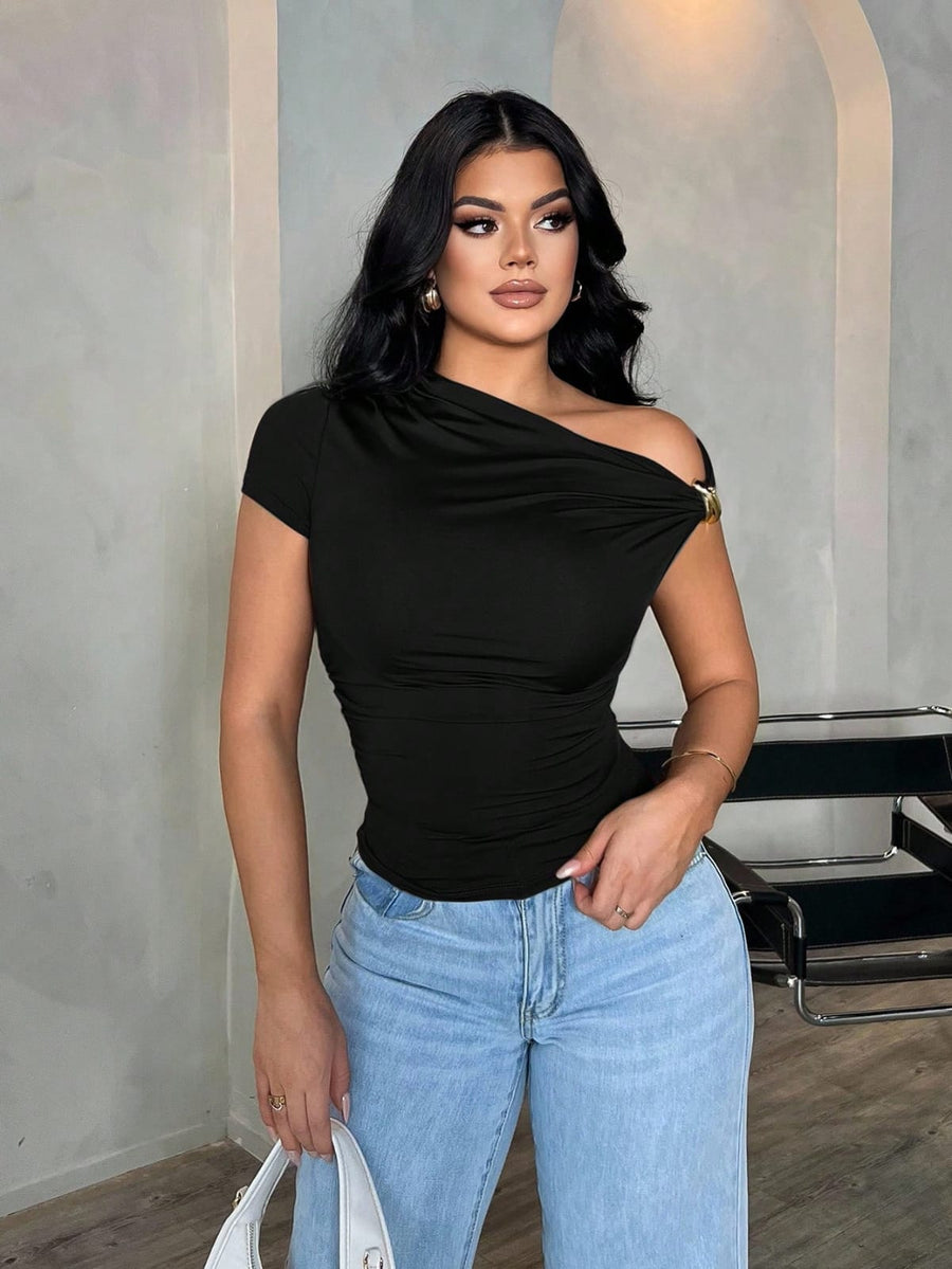 Nour Asymmetric Off-Shoulder Top — Black