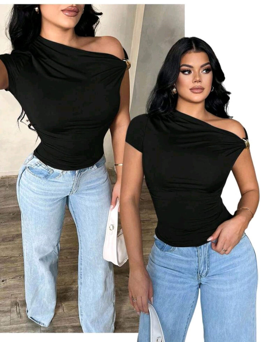 Nour Asymmetric Off-Shoulder Top — Black