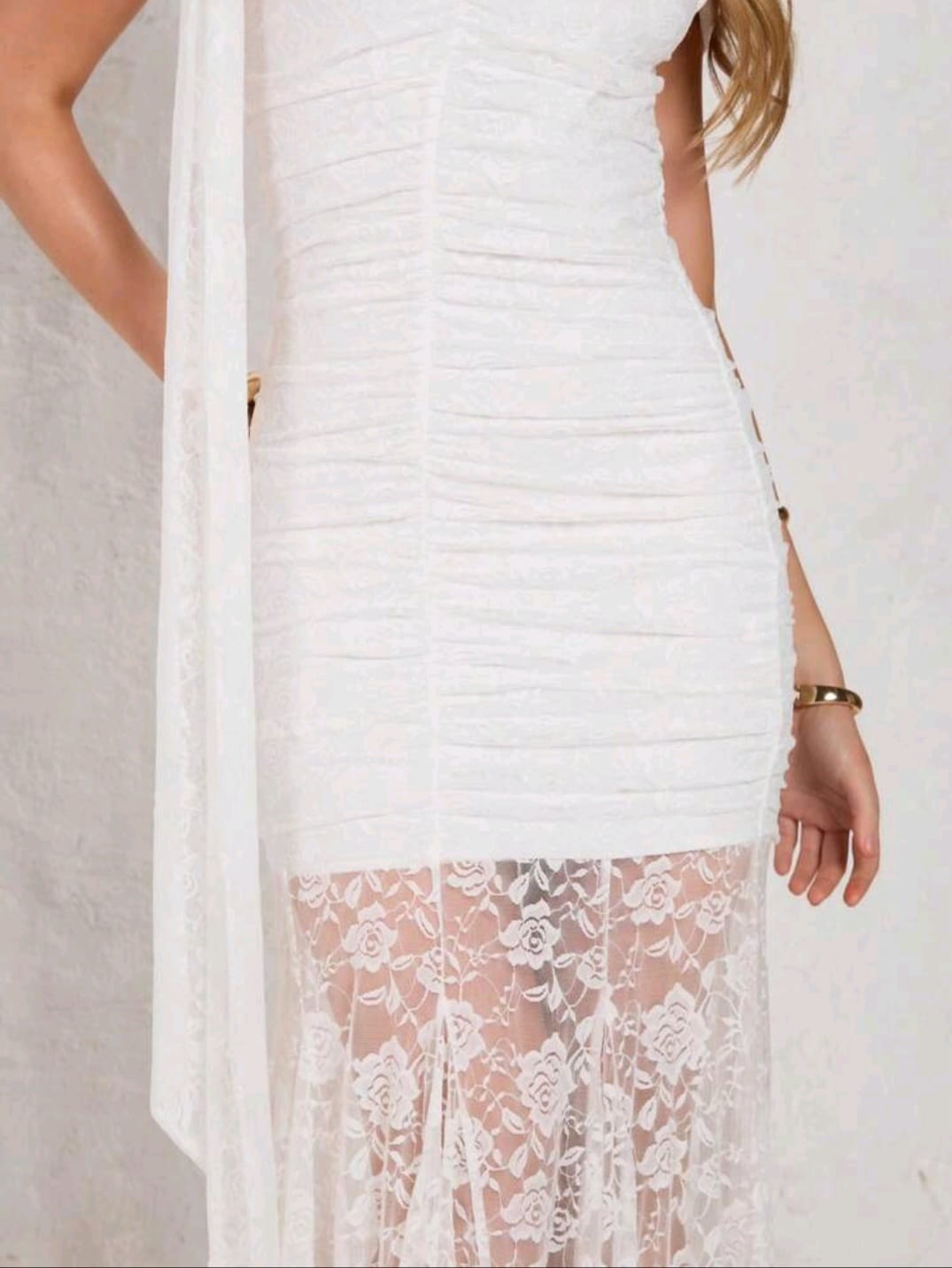 Bianca Ruched Lace-Hem Gown — Ivory