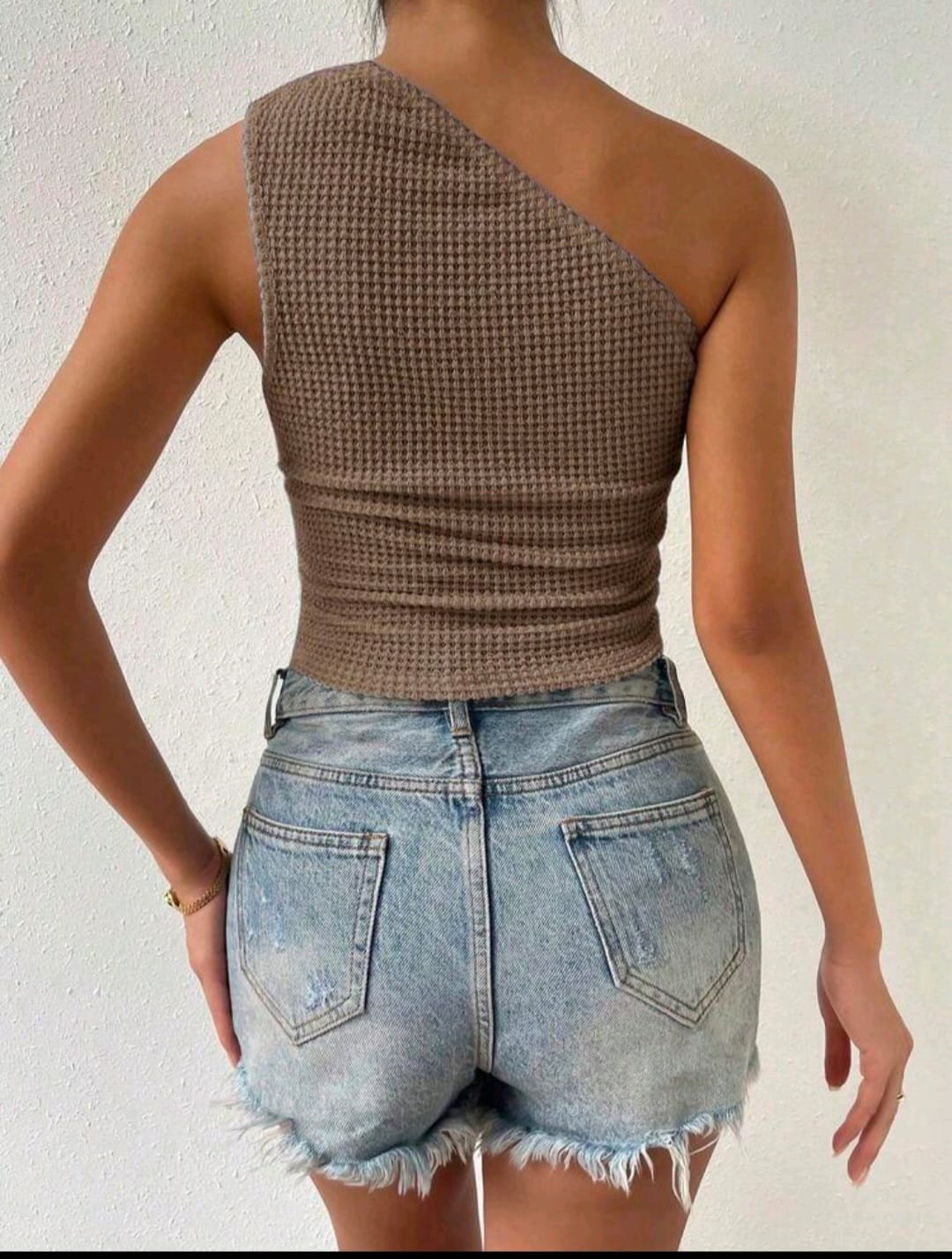 Cocoa Waffle One-Shoulder Top