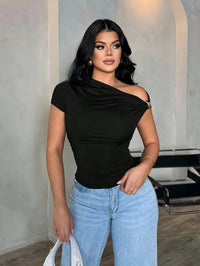 Nour Asymmetric Off-Shoulder Top — Black