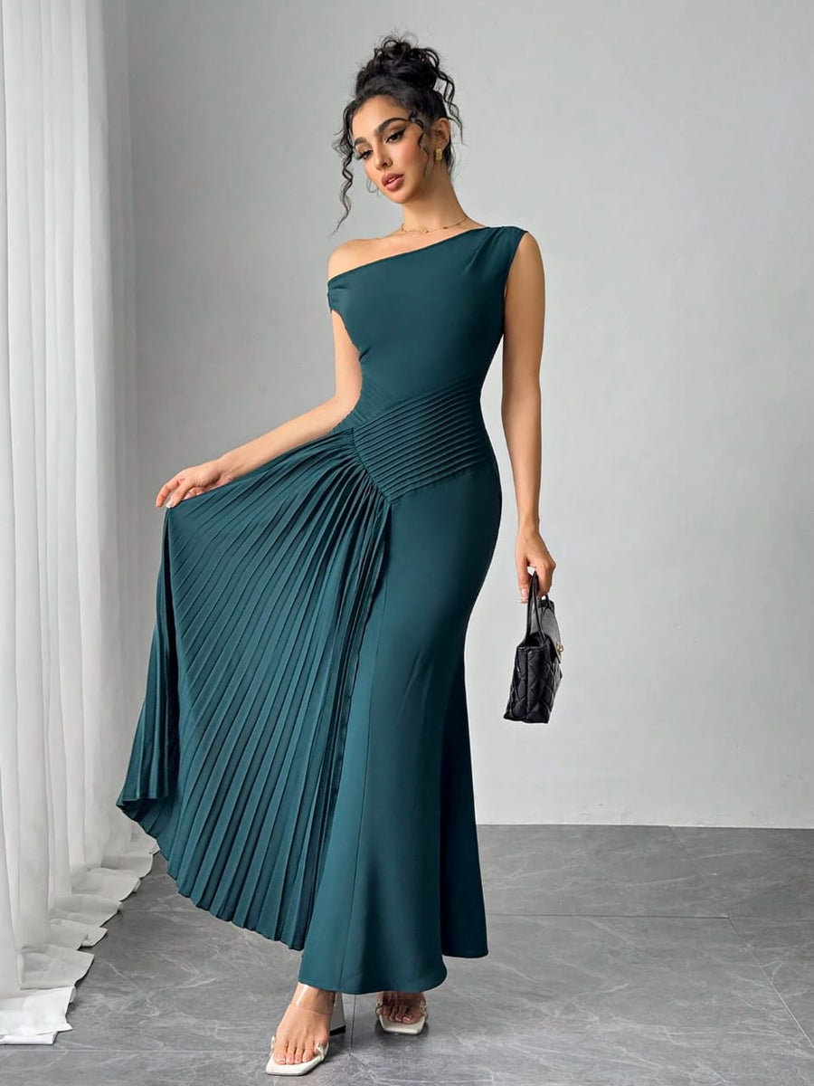Zeina Pleated One-Shoulder Gown